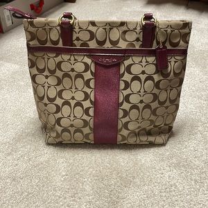 Coach Tan and Burgundy Tote Bag